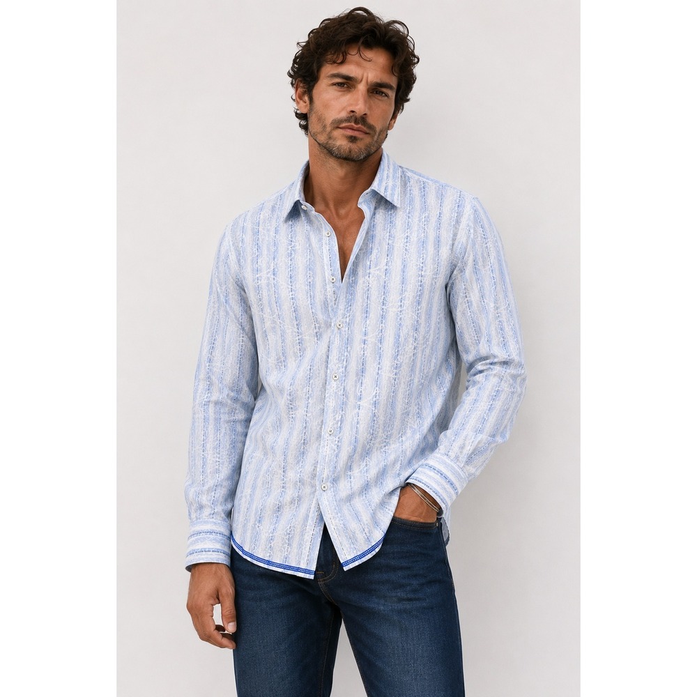 Georg Roth Paisley Stripe XL Button Down Dress Shirt Blue White Flip Cuff Luxury